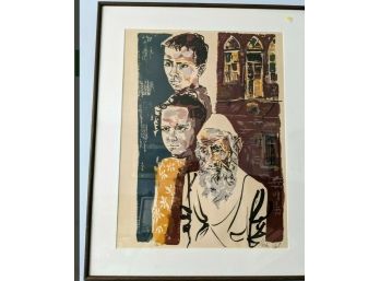 Moshe Gat Hand-signed In Pencil & Limited Edition Numbered 64/200 Lithograph Untitled 'two Boys And A Rabbi'