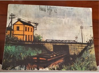 Large Vintage Landscape Print 'canal At Meuse' By French Artist Bernard Buffet '62 - Bridge Over Canal Boat