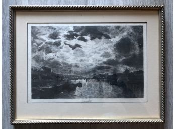 Lithograph Of Florence Framed With Detail Of Ponte Vecchio Including Rare Hand Sketch Of Fisherman At Base