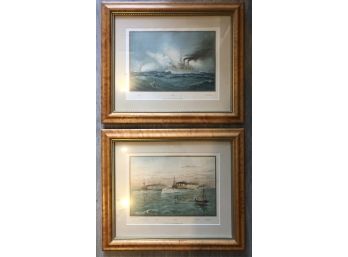 Two Vintage Naval Ship Giclee Prints In Beautiful Birdseye Maple Frames By The Werner Co Of Akron, Ohio