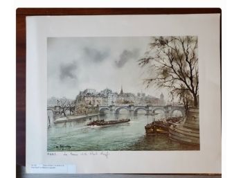 Color Print Of Paris - ' La Seine Et La Pont Neuf' By Maurice Legendre. 14 1/2' Tall X 17 3/4' Wide