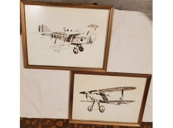 Pair Of Vintage Bi-plane Framed Prints From Drawings -One Being A Royal Airforce Plane