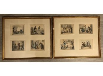 Eight (8)  Adorable 19th Century Children Engravings, Hand-Colored, All Of Children Having Fun!! In 2 Frames.