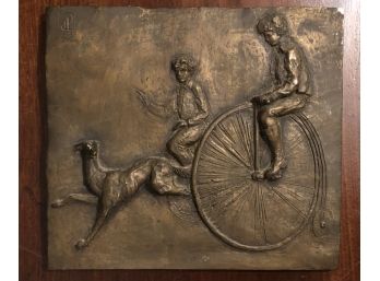 Beautiful Vintage Hallmarked Figural Metal Wall Art : Kids With Their Bikes And Greyhound Dog : A Day Off