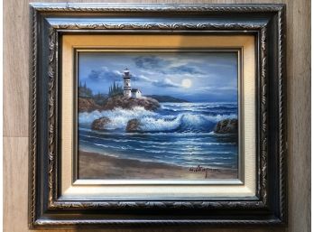 Wonderful Hand Painted Original Oil Seascape & Lighthouse By W. Chapman With One Of A Kind Original Framing