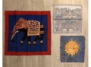 Unique Trio Of Vintage & Decorated Handkerchiefs - Cats, Elephant,  And The Sun & The Moon Faces