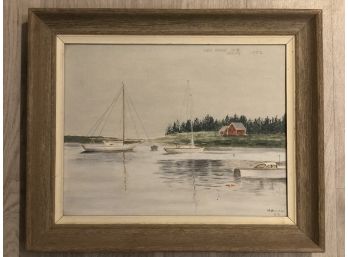 Lovely Maine Oil Waterscape On Canvas Painting Of New Wagon Cove, Hand-Signed By Artist Holland 1982