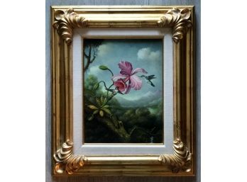 Stunning Large Humming Birds At Pink Blossoms.  Vintage Hand- Carved Wood Golden Gilded Frame With Canvas Art