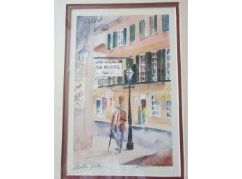 Original Watercolor By Martha Guthrie - The Old Absinthe House / Cajun Cowboy In New Orleans. Framed & Signed