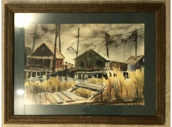 Shoreline Framed Watercolor With Water-front Cottages, Docks And Tall Reeds