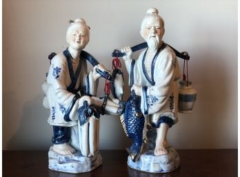 Incredible Vintage Golden Year Japanese Market Couple-  Fish & Goods Porcelain Statue Figurines Sculptures