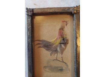 Miniature Watercolor With Real Bird Feathers In A Decorated Metal Box Frame