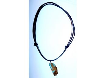 Flat Polished Turquoise Nugget Pendant On Leather Choker