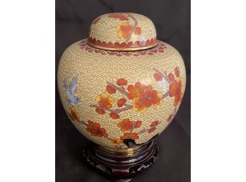 VINTAGE Enameled Ginger Jar On Wood Stand