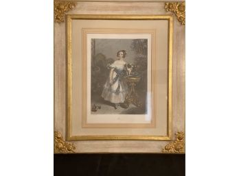 Hand Colored  Vintage Framed ' Lady Mary'  With Dog  Made In  Italy