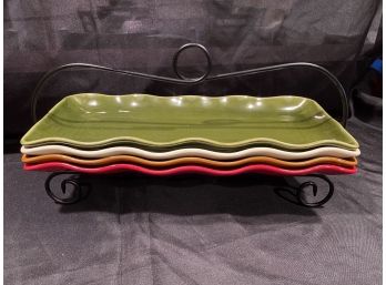 REAL HOME Stoneware Serving Platters  With Metal Stand Set Of 4