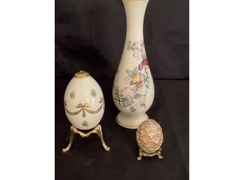 LENOX China Treasures Collection Egg  On Stand  & Serenade Bud Vase