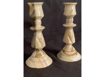 Carved  Onyx Candlestick Pair