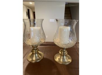 Glass & Brass Hurricane Candle Holder Pair