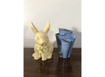 Signed Blue Pottery And Vintage Bunny