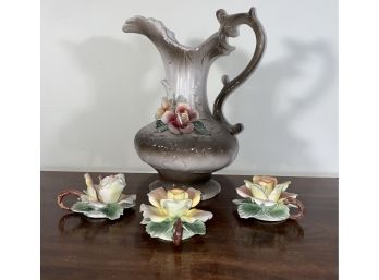 Italian Pitcher And 3 Candle Stick Holders