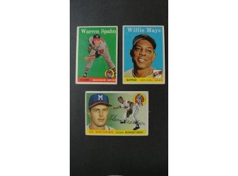 1955 Topps #155 Eddie Matthews, 1958 Topps #5 Willie Mays & 1958 Topps #270 Warren Spahn