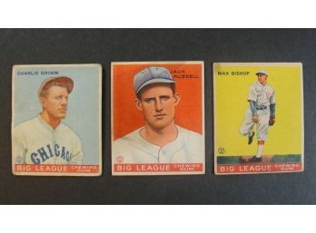 (3) 1933 Goudey Cards - #51 Grimm, #61 Bishop, #167 Russell