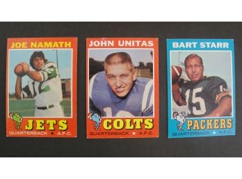 (3) 1971 Topps Football Cards - #1 Unitas, #250 Namath, #200 Starr