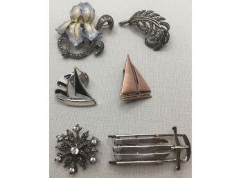 6 Interesting Vintage Pins - Love The Sled!! One Sterling One Copper