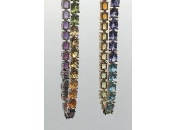 Twin Rainbow Tennis Bracelets Stamped .925 Sterling Silver With Tone And Semi Precious Stones,