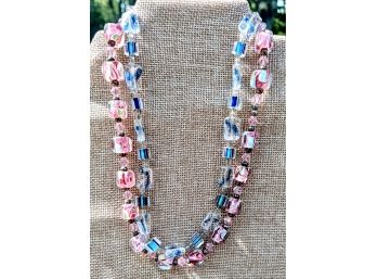 2 Lovely Pink And Blue Glass Bead Necklaces Interspersed With Small Crystals & Silver Beads