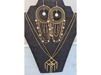 Aztec Style Necklace And Earrings Interspersed With Pearl, Beads And Rhinestones On Chains