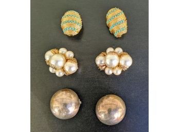 Very High End Vintage Clip On Earrings - Mexican Silver 925 Silver Domes And Two Lovely Costume Pieces