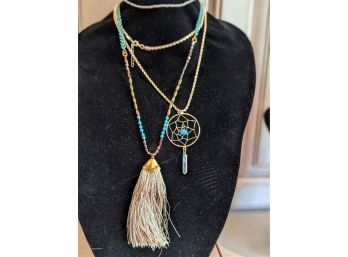 Very Pretty Turquoise And Gold Beaded Tassel & Dream Catcher Pendants Handcrafted By Lisa Caruso,