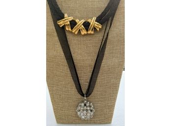 One Stylish Black / Gold Choker, One Organza Ribbon Pendent With A Cluster Of Silver And Rhinestone