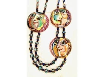 Whimsical Necklace With Hand Painted Clay Disks (Picasso Style) With 14k Clasp