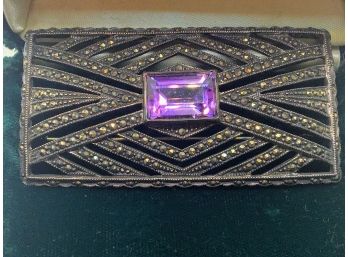 Antique Art Deco Style Marcasite Pin With Amethyst Center