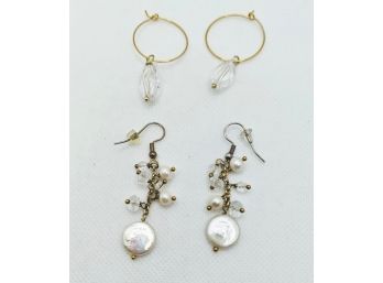 1 Set Of Small Hoop Earrings With Bead, 1 Par Of Dangly Pearl Earrings Interspersed With Beads