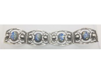 Mexican Sterling Silver Vintage Bracelet With Beautiful Iridescent Multi Colored Glass Stones.