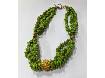 Striking And Substantial 3 Strand Chrysoprace And Gold Beaded Necklace