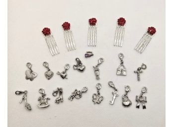 5 Rose Hair Pins, With 16 Jewelry Charms: Assorted Hearts, Butterfly, Rocking Horse, Purse, Key, Heel, Etc.