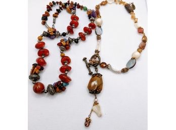 Two Chunky But Charming Vintage Semi Precious Natural Stone Necklaces One Stamped With Metal Tag By Maya