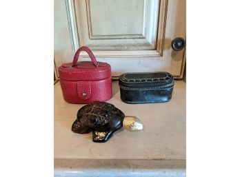 Red Leather Jewelry Case By Carolee Paired With Vintage Lipstick Case,  Turtle Perfume Bottle By Avon,