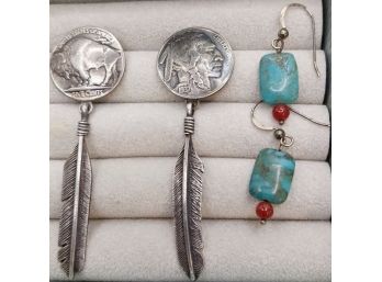 Buffalo Nickel Earrings With Feather Detail  And Small Turquoise And Coral Earrings