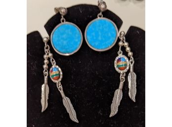 2 Pairs Of Sterling And Turquoise South Western Earrings