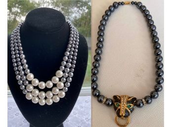 Elegant Faux Pearl Three Strand Grey /White Plus A Panther With Emerald Eyes Clasp With Faux Pearls Necklace