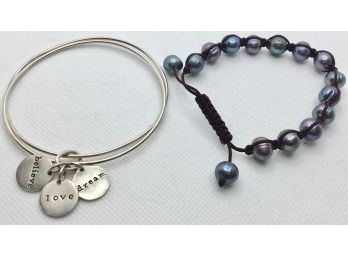 Two Bracelets - Silver 925 Bangle Bracelet And Tied Sliding Iridescent Pearl Bracelet