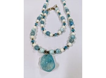 Exquisite Blue Druzy Necklace With Matching Bracelet  Interspersed With Blue And White Stones