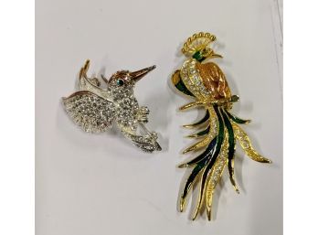 Two High Fashion Bird Pins With Enamel And Rhinestone