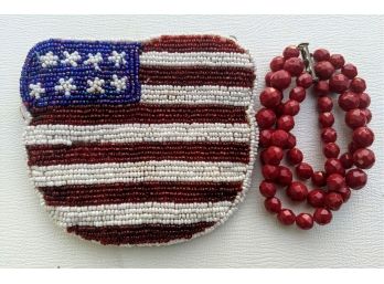 Beaded American Flag Coin Purse With 3 Strand Red Faceted Bead Bracelet